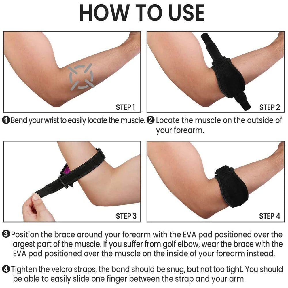 Instructions showing how to use an elbow support brace for pain relief, detailing steps for locating and positioning the musc