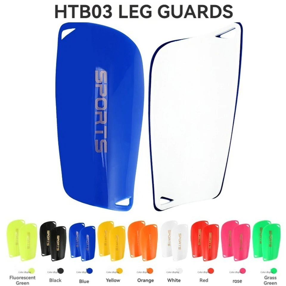 A set of blue and clear leg guards for sports, including fluorescent green, black, blue, yellow, orange, white, red, and rose