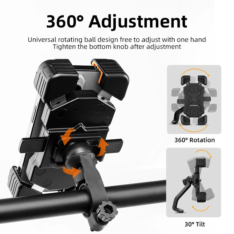 Support de téléphone universel noir rotatif pour vélos et motos avec ajustement 360° et inclinaison de 30°