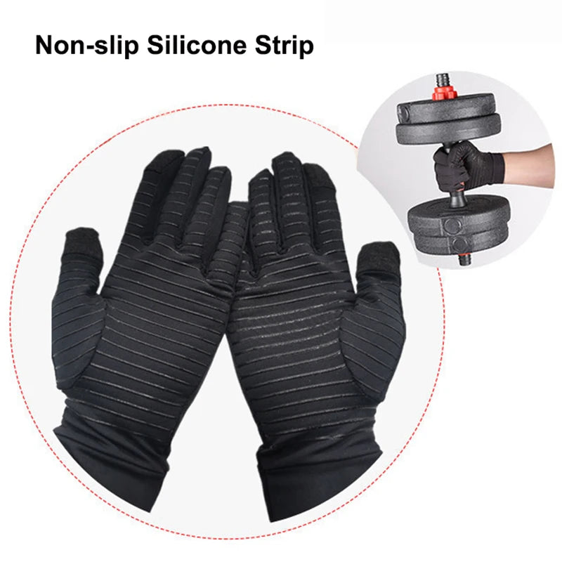 Black non-slip silicone grip gloves shown next to a weightlifting glove.