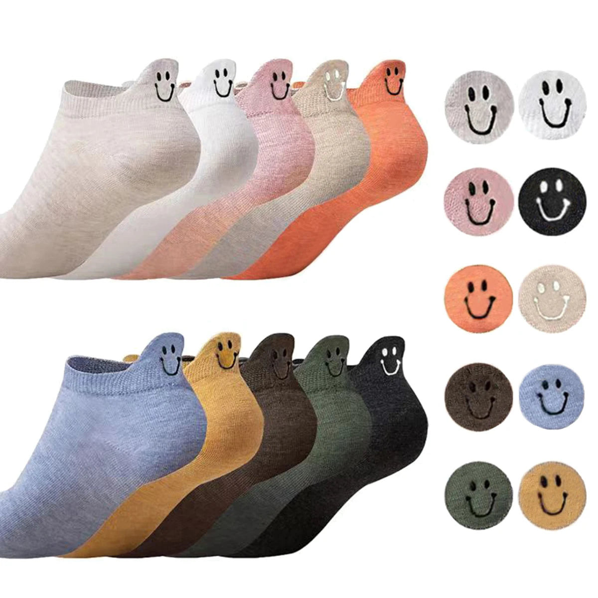 A pack of ten embroidered ankle socks in various pastel and earth tones, shown from the side.
