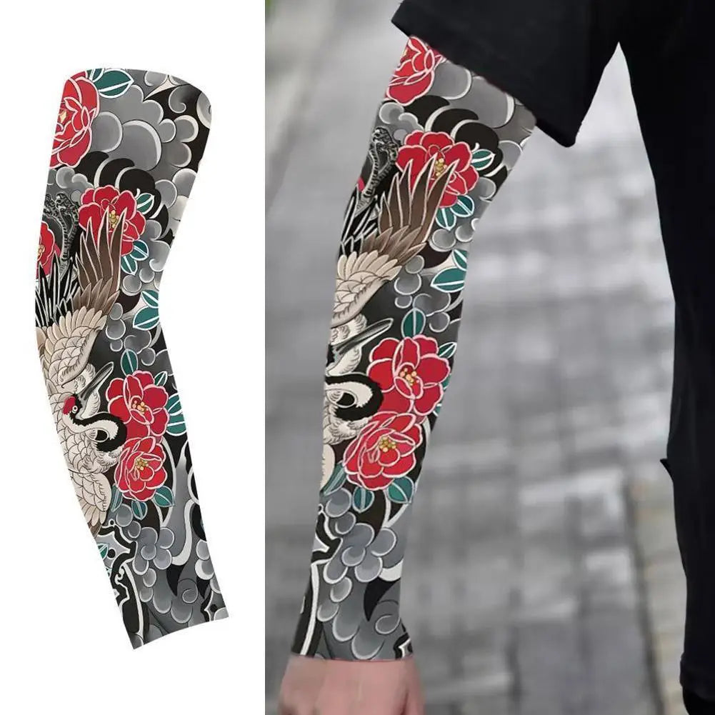 Close-up of a black and white floral pattern ice silk sun protection arm sleeve on an arm.