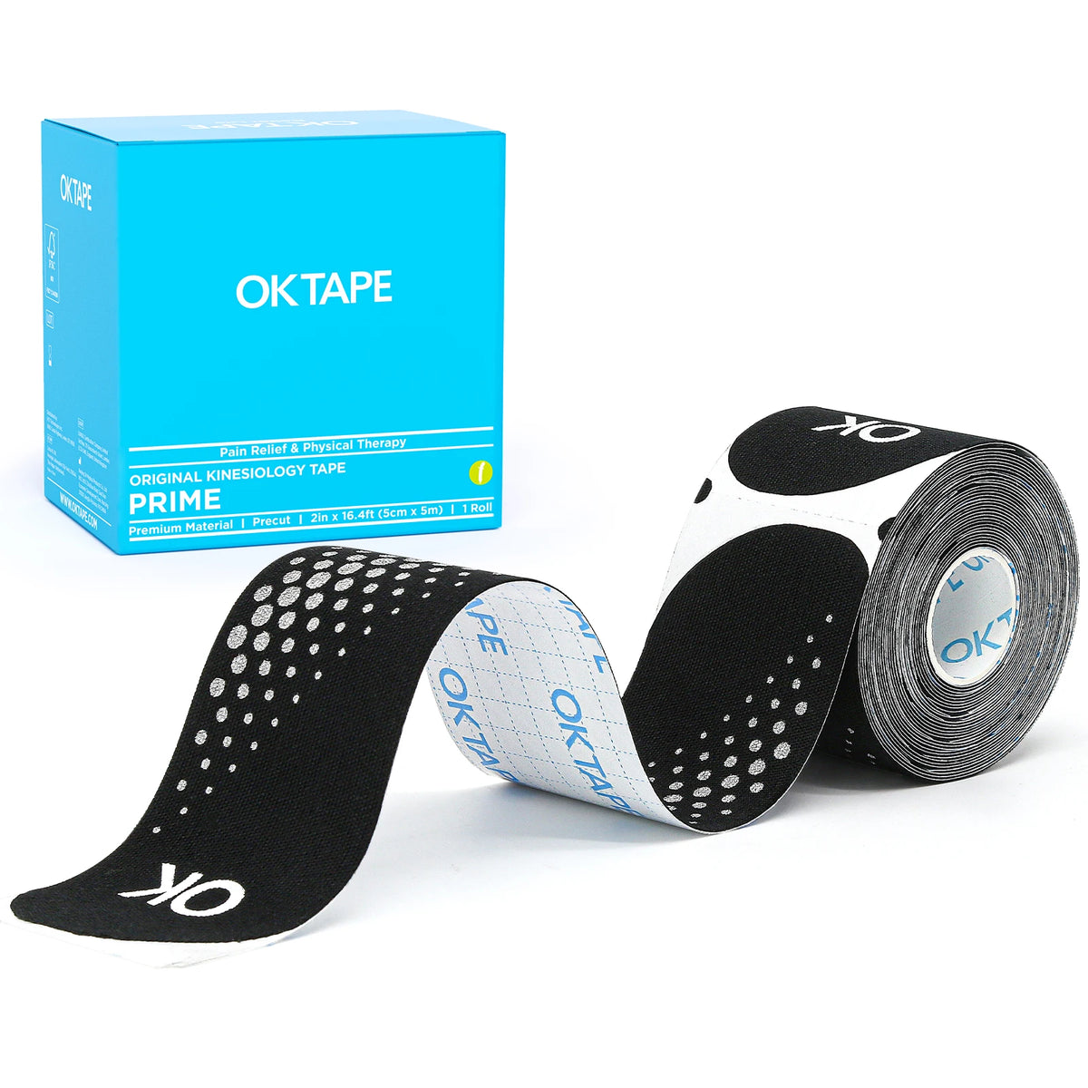 A roll of black and white OKtape kinesiology tape is shown next to its blue packaging box.