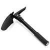 A black foldable multi-tool shovel with a blade and handle is shown against a white background.