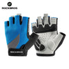 A pair of black and blue cycling gloves for mountain biking shown against a white background.