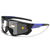 Black photochromic sports sunglasses with blue accents and a yellow sun graphic