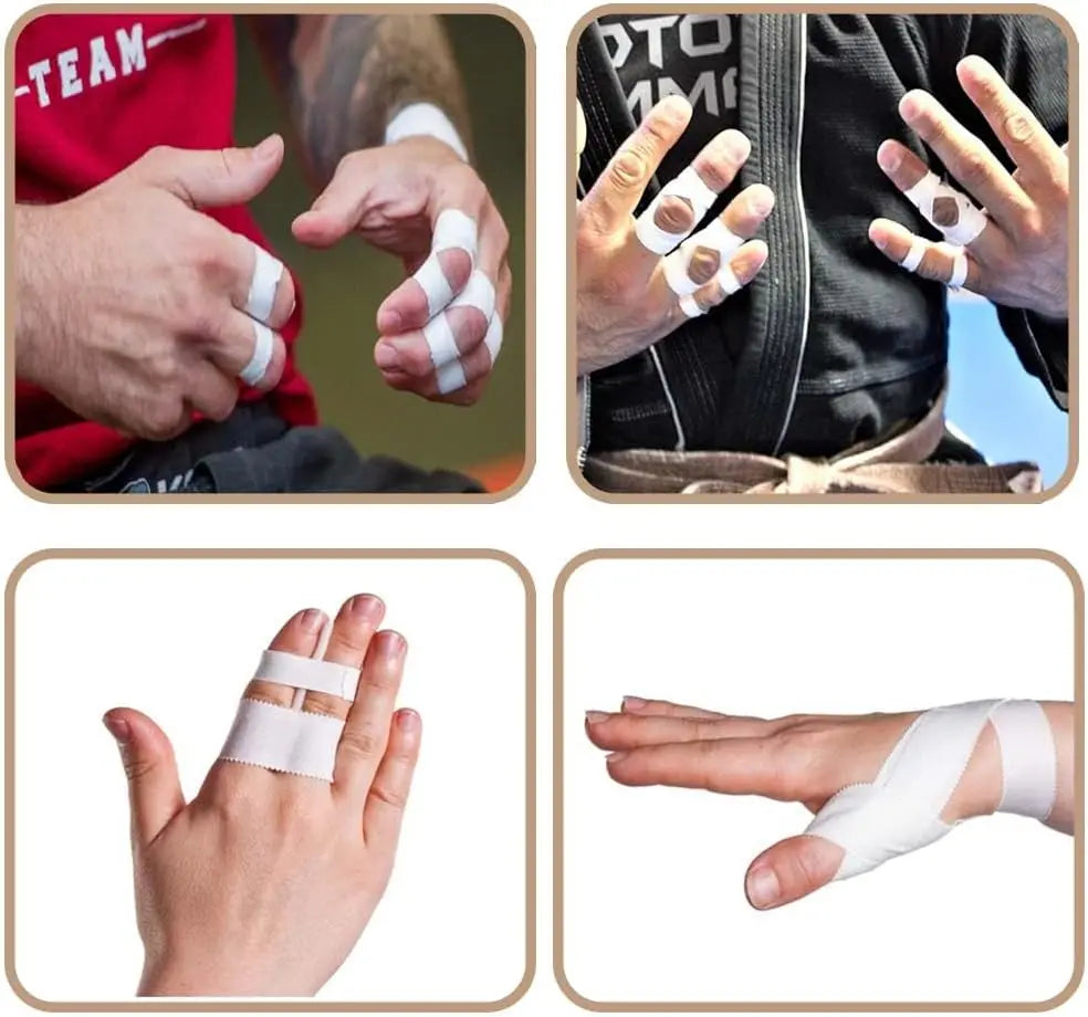 Hands applying and wearing athletic finger tape for support or injury prevention.