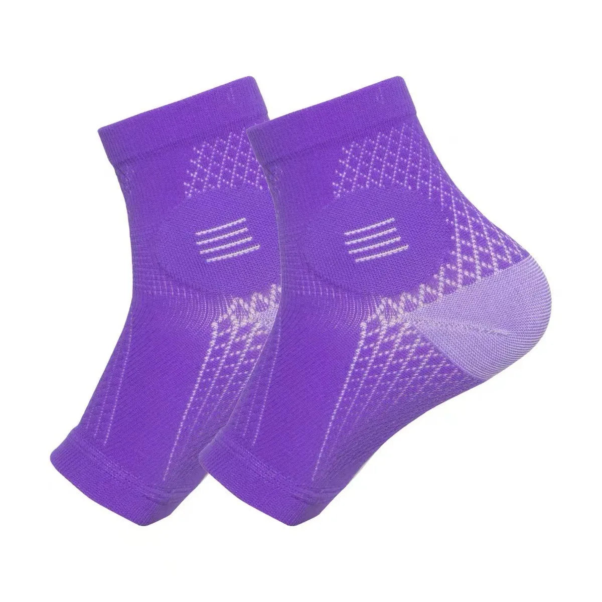 Purple ergonomic plantar fasciitis relief socks shown from the side.