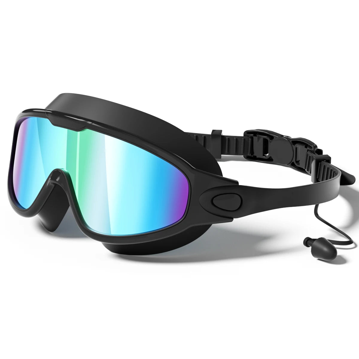 Black anti-fog UV protection swimming goggles with a flexible strap shown against a white background.