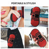 A red and black patterned silicone pouch designed to hold eyeglasses, shown in various contexts.