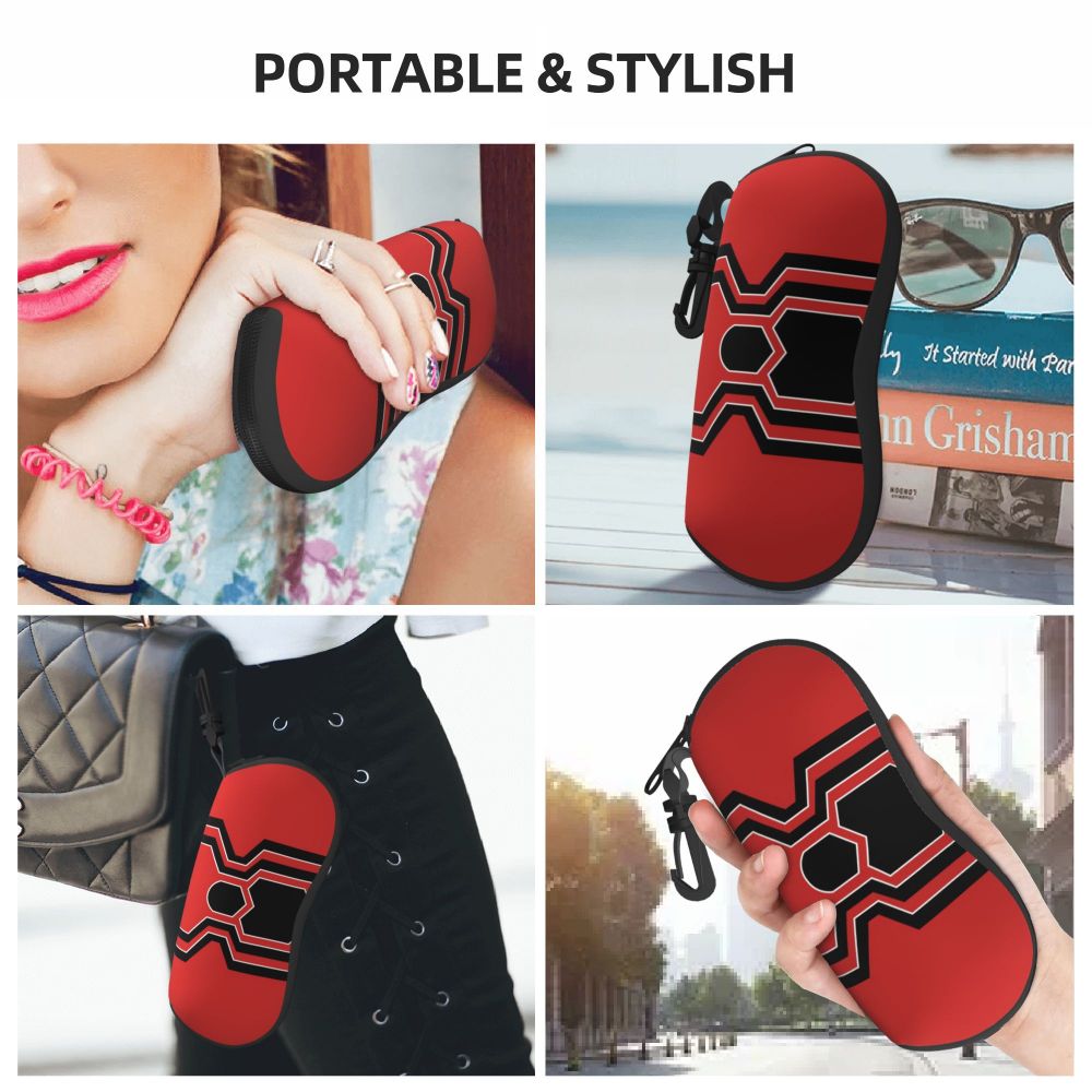 A red and black patterned silicone pouch designed to hold eyeglasses, shown in various contexts.