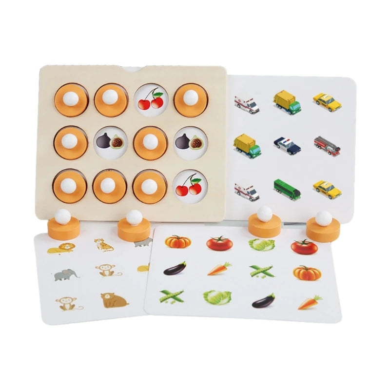 A set of wooden memory match puzzles featuring chess pieces and various fruits arranged on a light wood board.