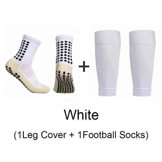 A set of white knee covers and football socks for soccer players