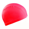 A bright pink swimming cap made of ultra-thin nylon, shown from a side angle.