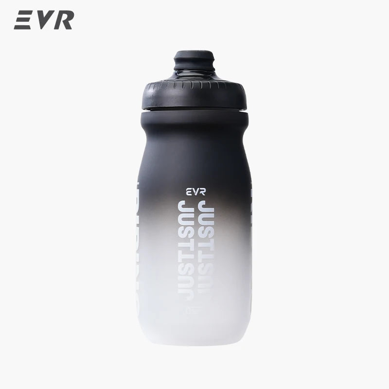 A clear, black squeezable cycling water bottle with a black cap.