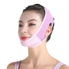 A woman is wearing a pink face slimming lifting strap designed for double chin treatment.