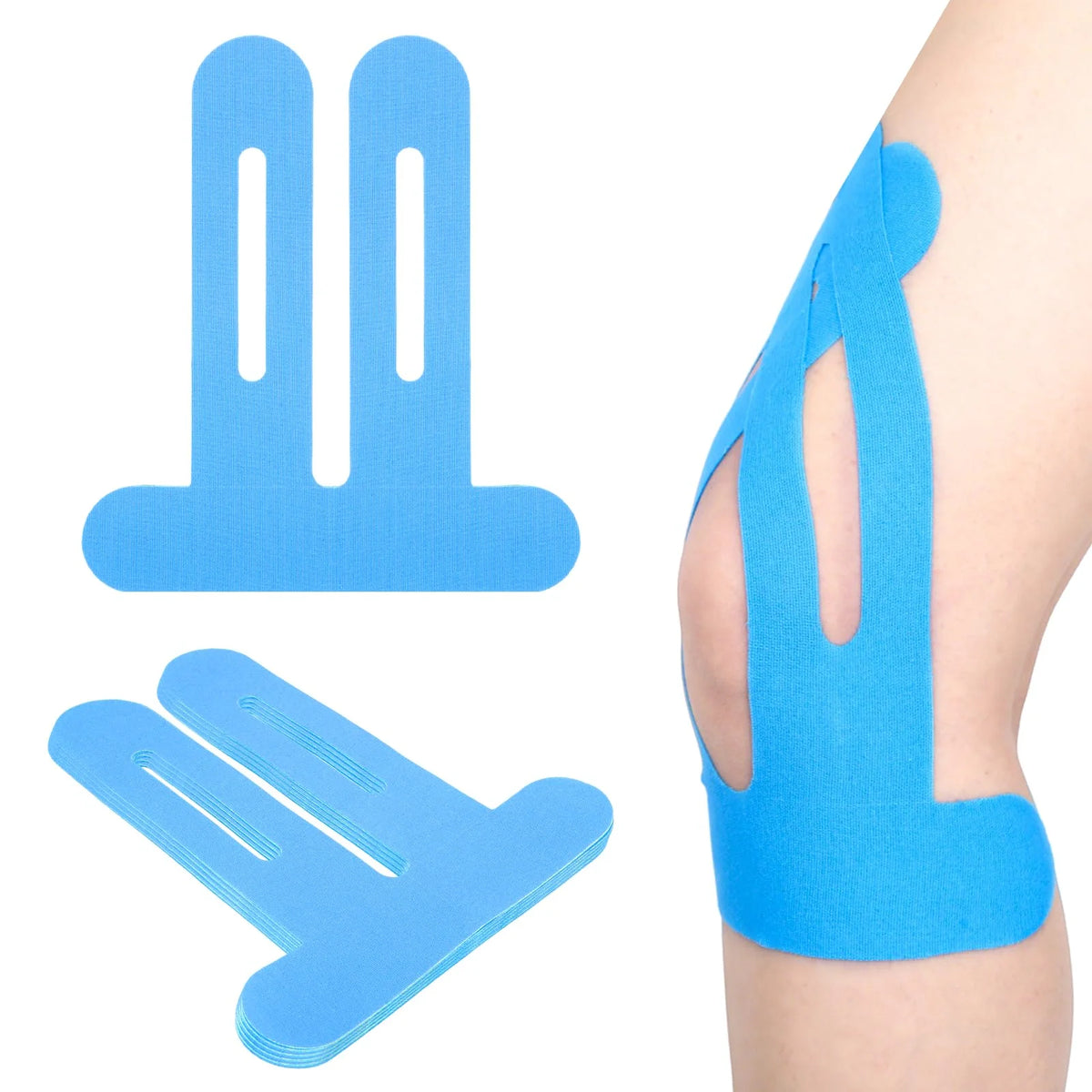 Cinta kinesiológica azul aplicada a una rodilla para alivio del dolor.