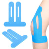 Blue kinesiology tape strips and a piece of the tape applied to a knee area.