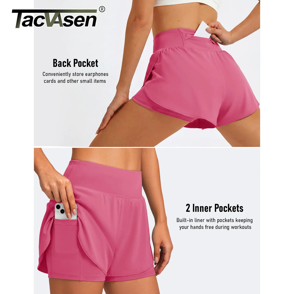 Pinke, hochgeschnittene Sportshorts mit hinterer und zwei Innentaschen