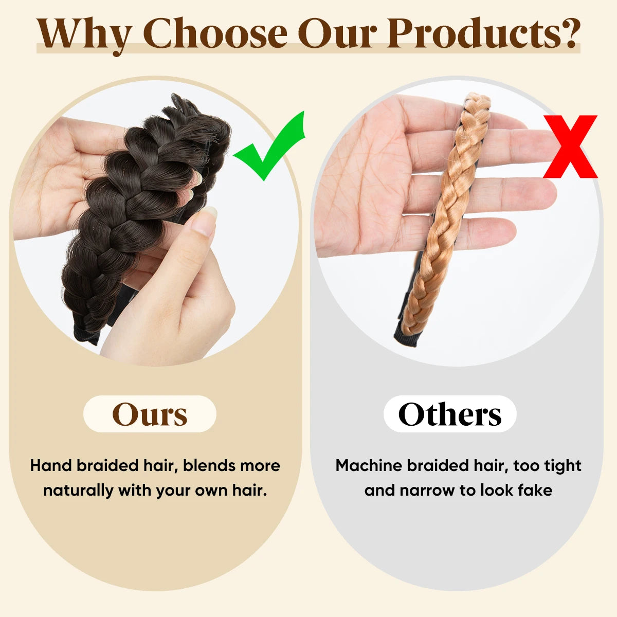 Comparison graphic showing hand braided hair versus machine braided hair.