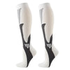 A pair of white compression socks with black patterned designs for circulation and recovery.