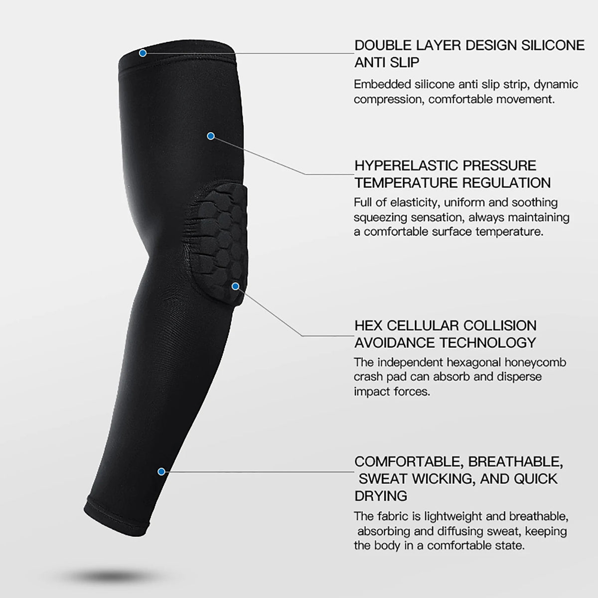 Black honeycomb elbow support sleeve featuring double layer silicone, temperature regulation, and breathable fabric.
