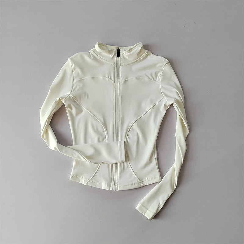 A white long-sleeved zip-up jacket for yoga and fitness
