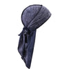 A dark blue distressed pirate style durag head wrap folded and displayed.
