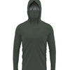 Dunkel olivgrifes, langärmliger Outdoor-Schutzshirt für Herren mit Kapuze.