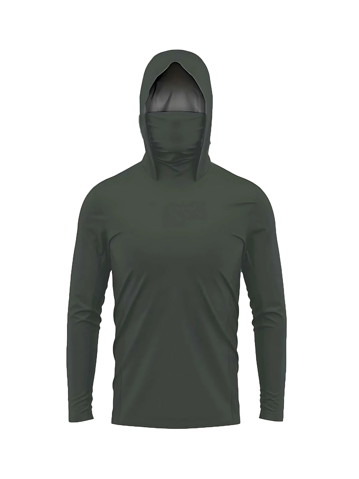 Dunkel olivgrifes, langärmliger Outdoor-Schutzshirt für Herren mit Kapuze.