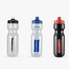 Three versions of a durable plastic sports water bottle in gray, light blue, and black.