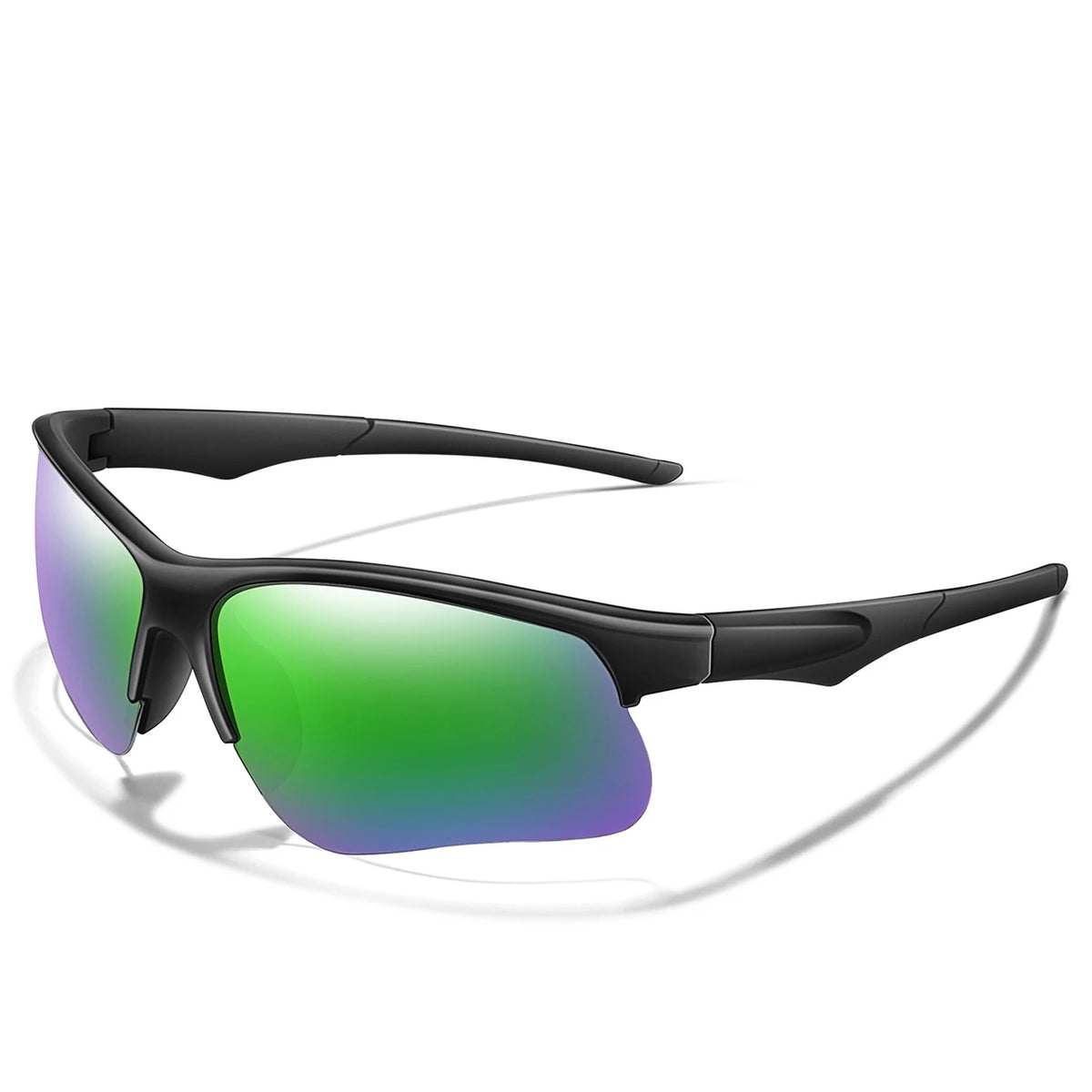 Black polarized sports sunglasses with green lenses and a black armrest.