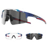 A pair of photochromic cycling sunglasses with blue and black frames shown in multiple views.