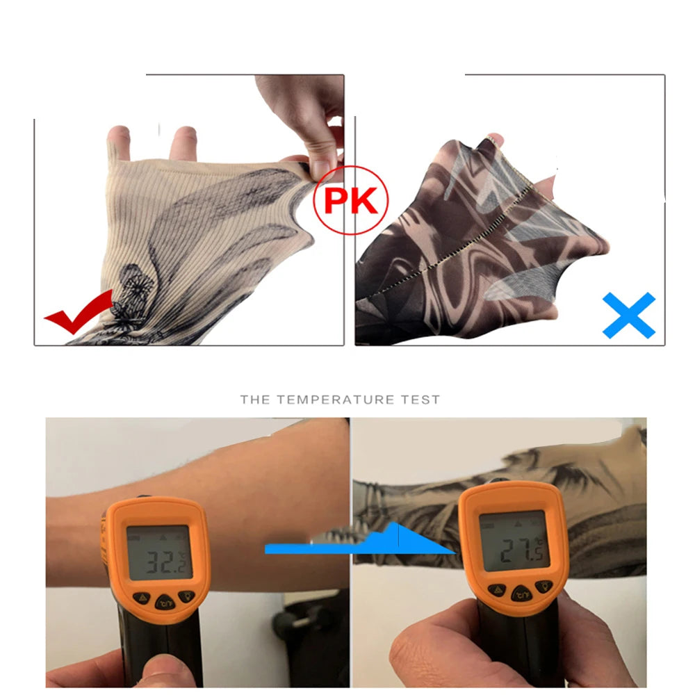 Demonstration of ice silk tattoo sleeves for sun protection showing a temperature test on the skin.
