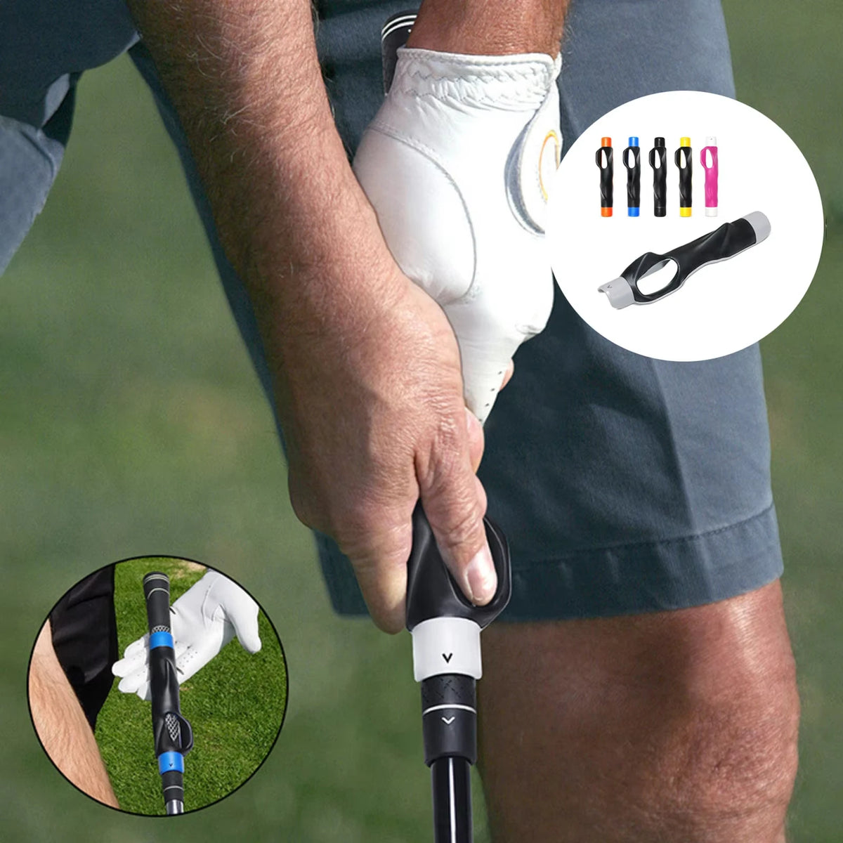 A hand grips a portable golf swing grip trainer, showing the grip and the device's components.