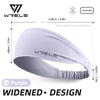 A white WRELS breathable sports headband shown in a profile view with dimensions and purple color option.