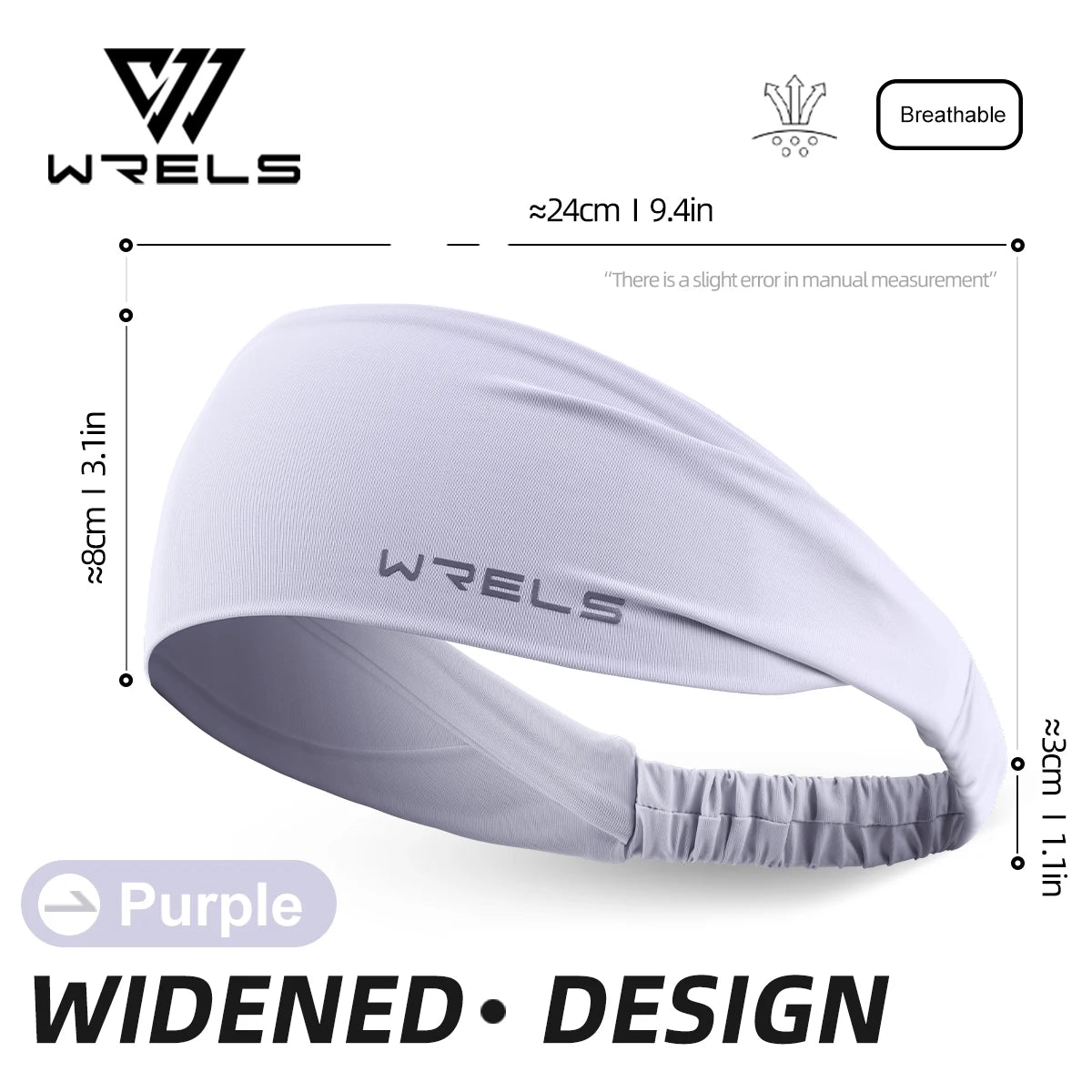 A white WRELS breathable sports headband shown in a profile view with dimensions and purple color option.