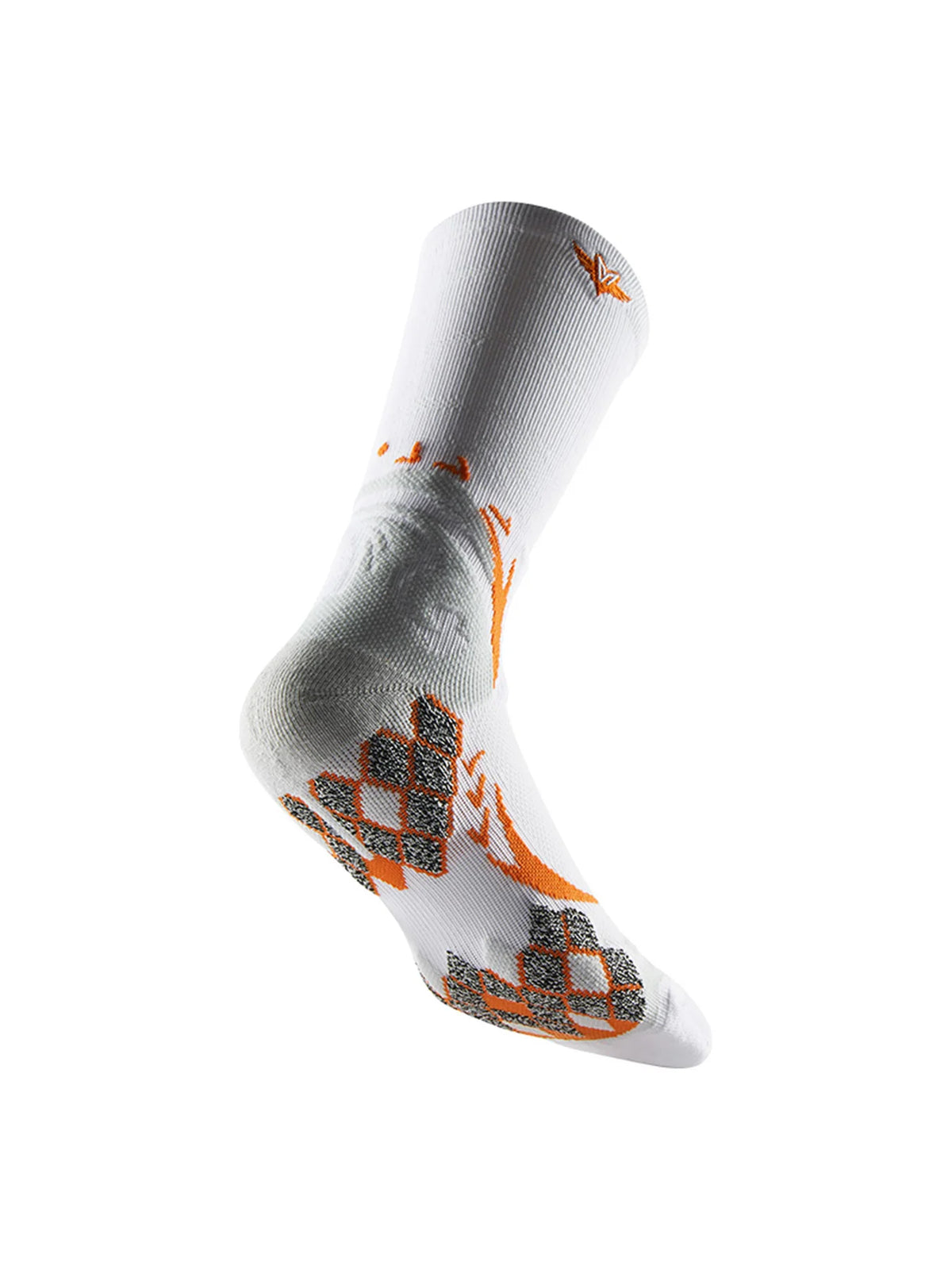 A close-up view of white athletic socks with orange and gray graphic patterns.