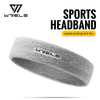 A gray Wrels sports headband is shown rolled up, emphasizing its sweat-wicking and dry features.