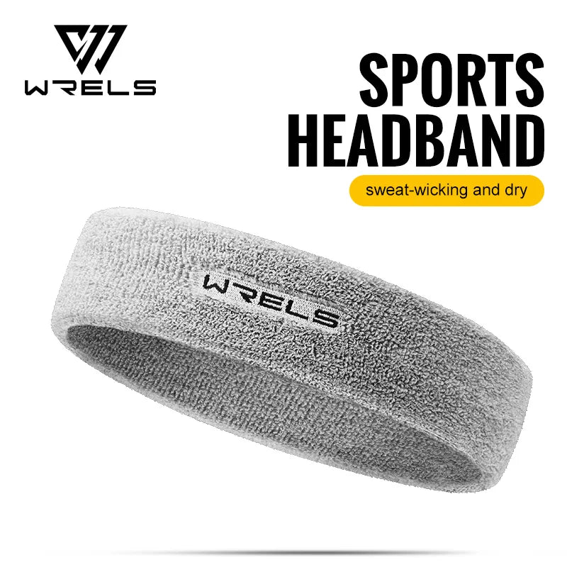A gray Wrels sports headband is shown rolled up, emphasizing its sweat-wicking and dry features.