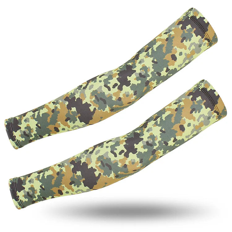 A pair of camouflage tactical arm sleeves shown diagonally against a white background.