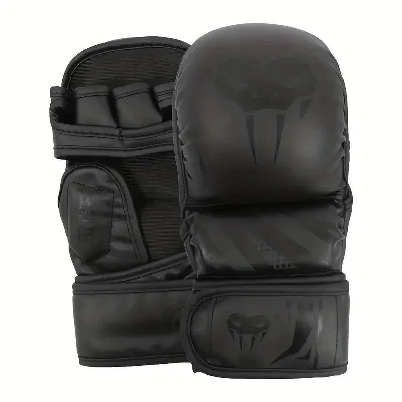 A pair of black thickened PU boxing gloves for MMA and Muay Thai training.