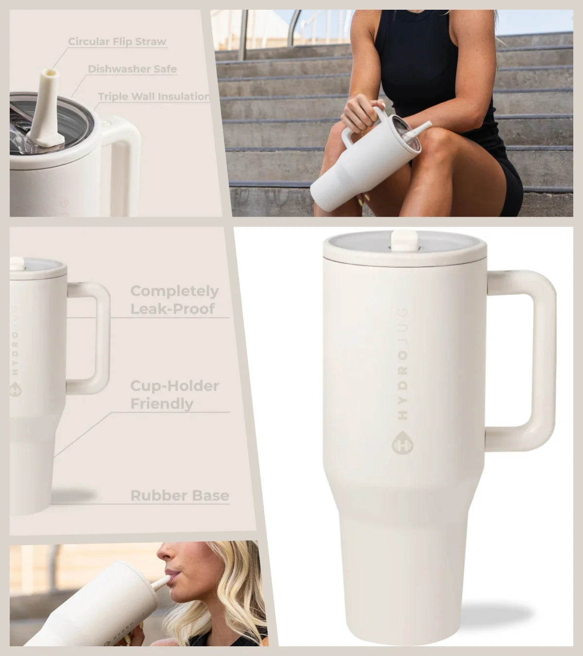 A white insulated stainless steel water bottle with a handle and flip straw shown in various contexts.