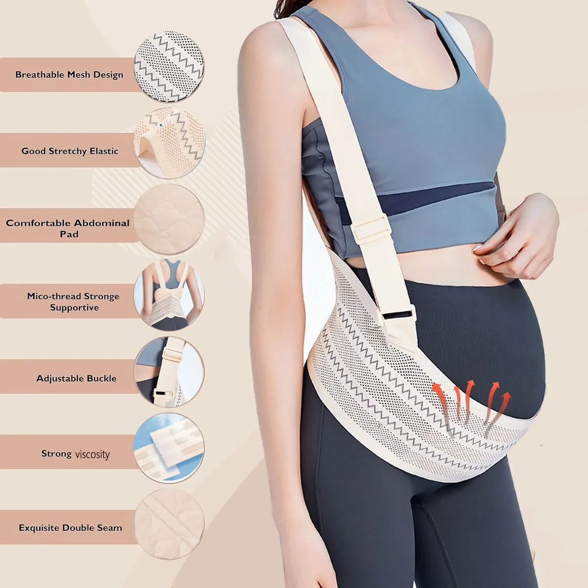 Une femme portant un soutien-gorge de grossesse gris avec un design en filet blanc et des sangles.