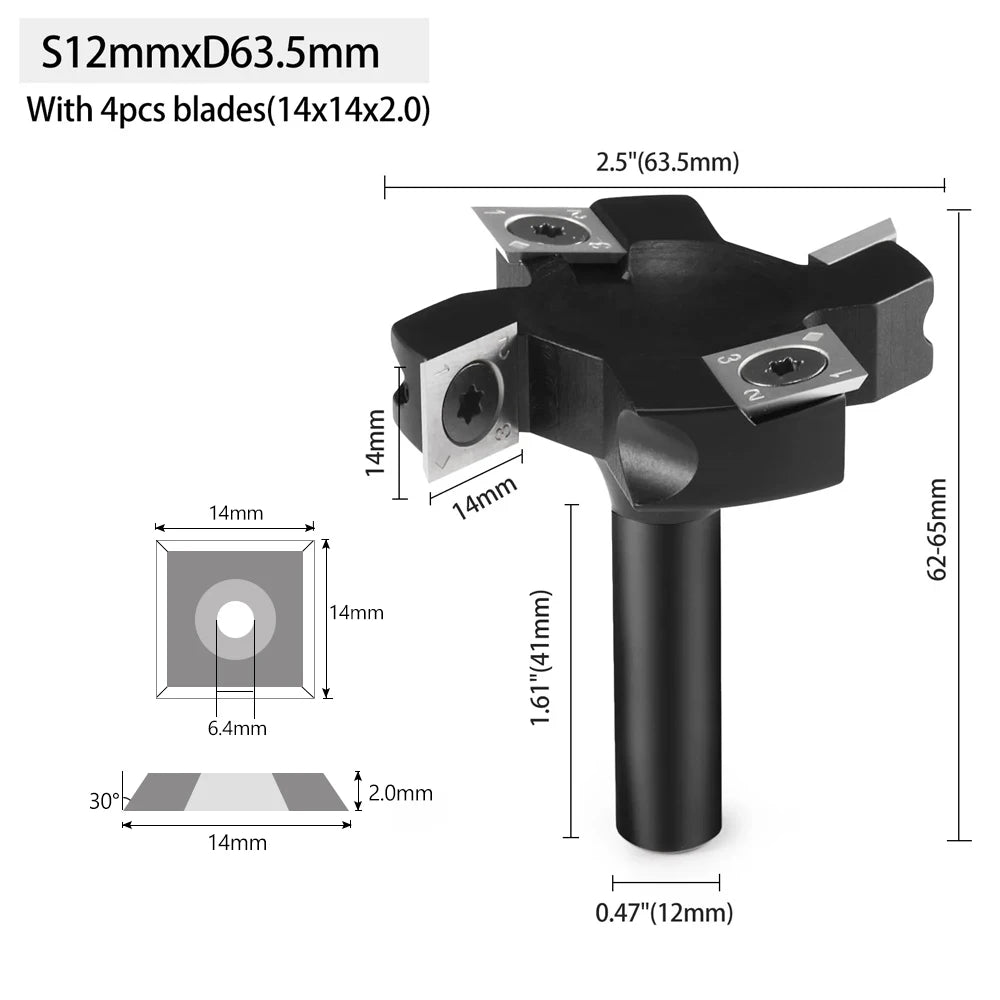A black S12mm wood milling router bit with four blades and a mounting post.