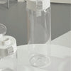 A clear sports water bottle with a white cap is shown on a white surface.
