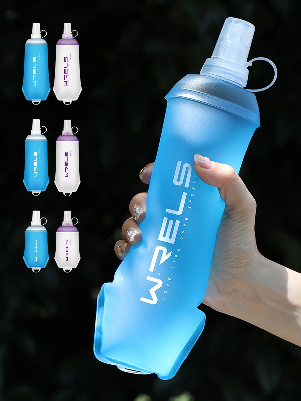 A hand holds a blue bottle of WELS Love Life Sport water bottle with multiple color options displayed above it.