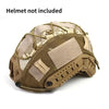 A tan tactical helmet cover with camouflage pattern and protective padding, shown from above.