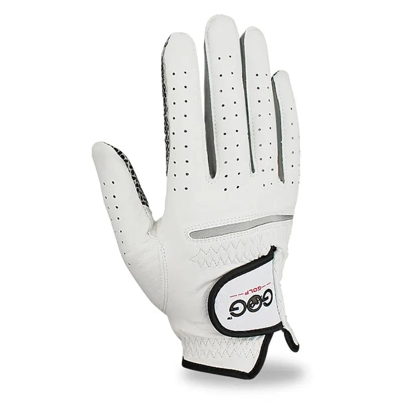 Un gant de golf blanc avec des accents noirs et des doigts perforés, sur fond blanc.