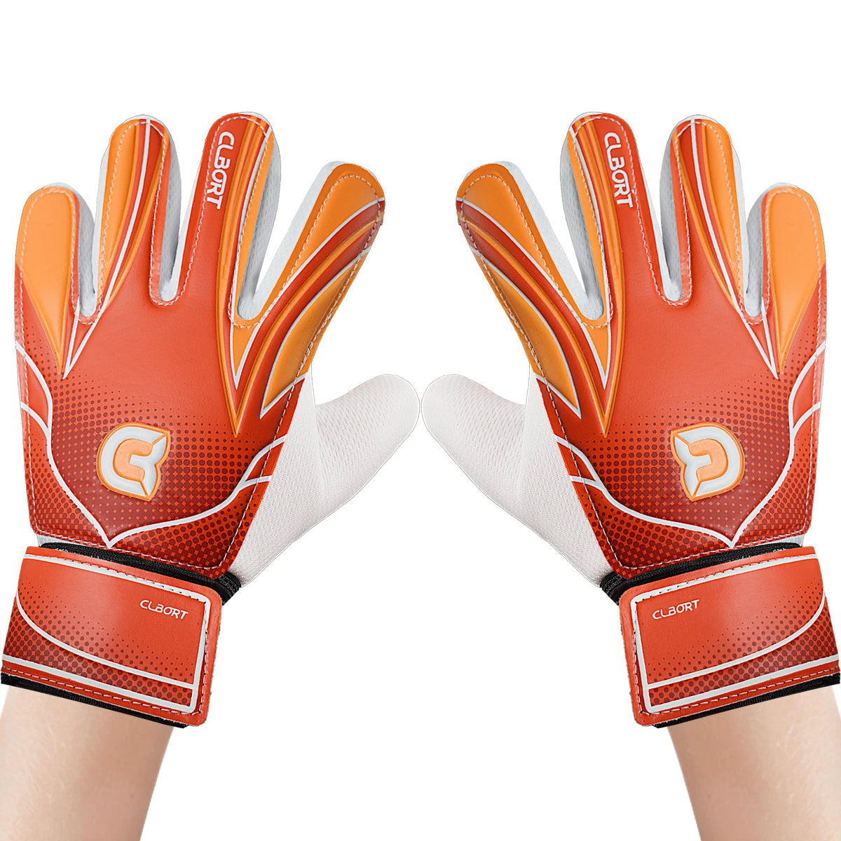 Pair of orange and white non-slip soccer goalie gloves with double wrist protection